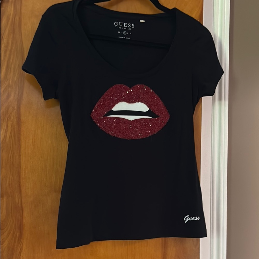 Guess Red and Black Graphic Tee Fitted Short Sleeve